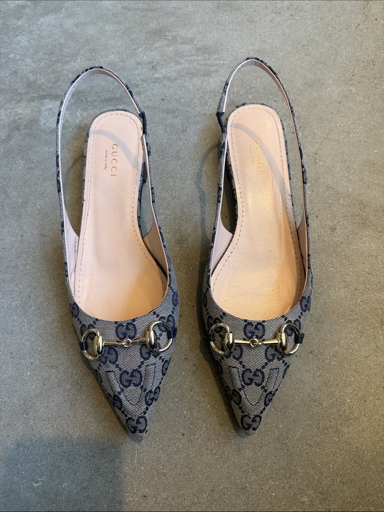 Gucci Shoes - Gucci Navy GG Canvas Pointed Slingback Mules with Horsebit